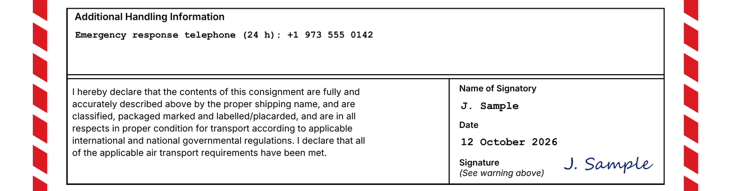 Additional handling information with an emergency response telephone number, and the certification signed by J. Sample on 12 October 2026