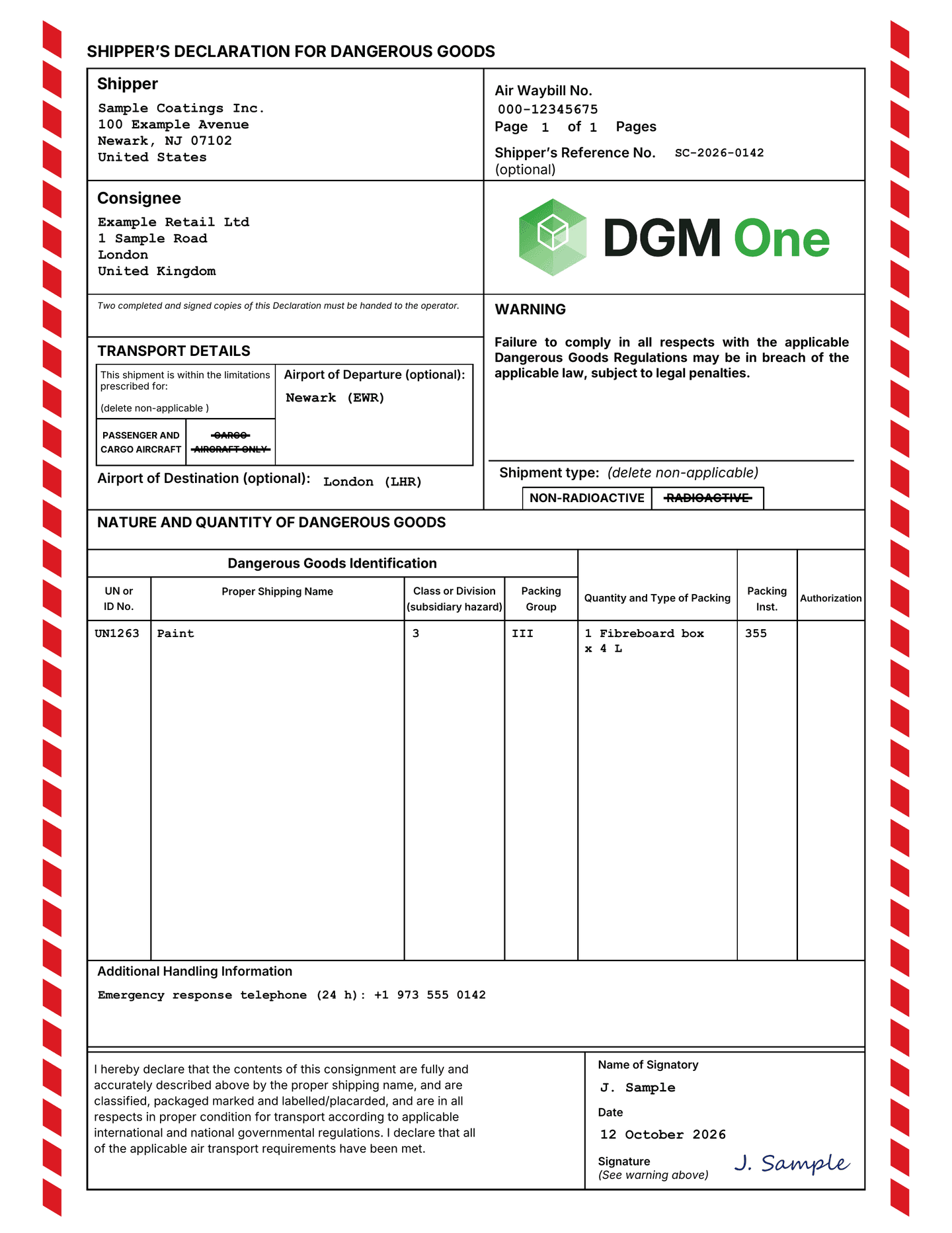 The complete example shipper's declaration for one fibreboard box of paint, UN1263, on the DGM One form