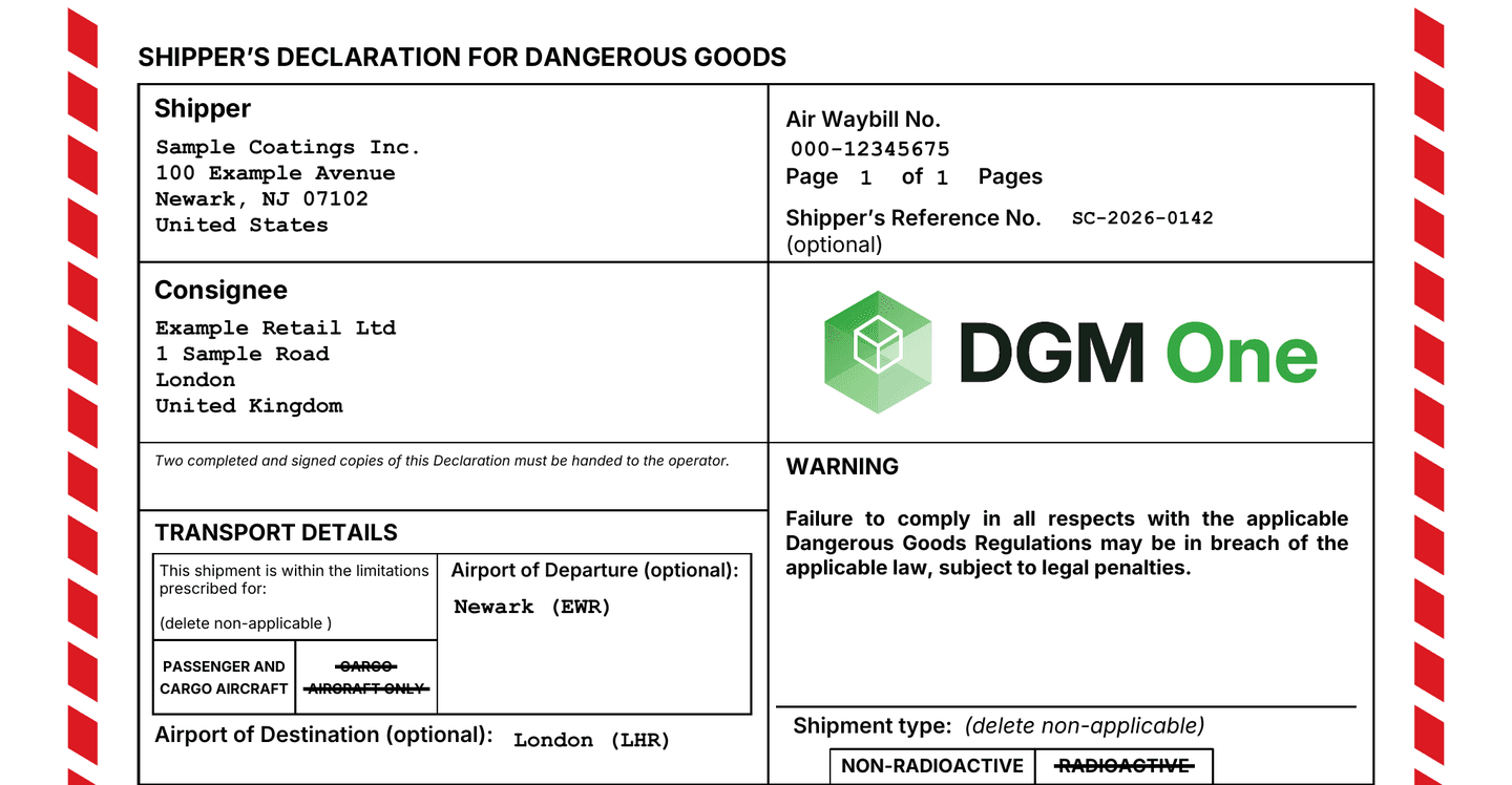 Top of the example shipper's declaration: shipper and consignee addresses, air waybill 000-12345675, page 1 of 1, Newark (EWR) to London (LHR), with cargo aircraft only and radioactive struck out
