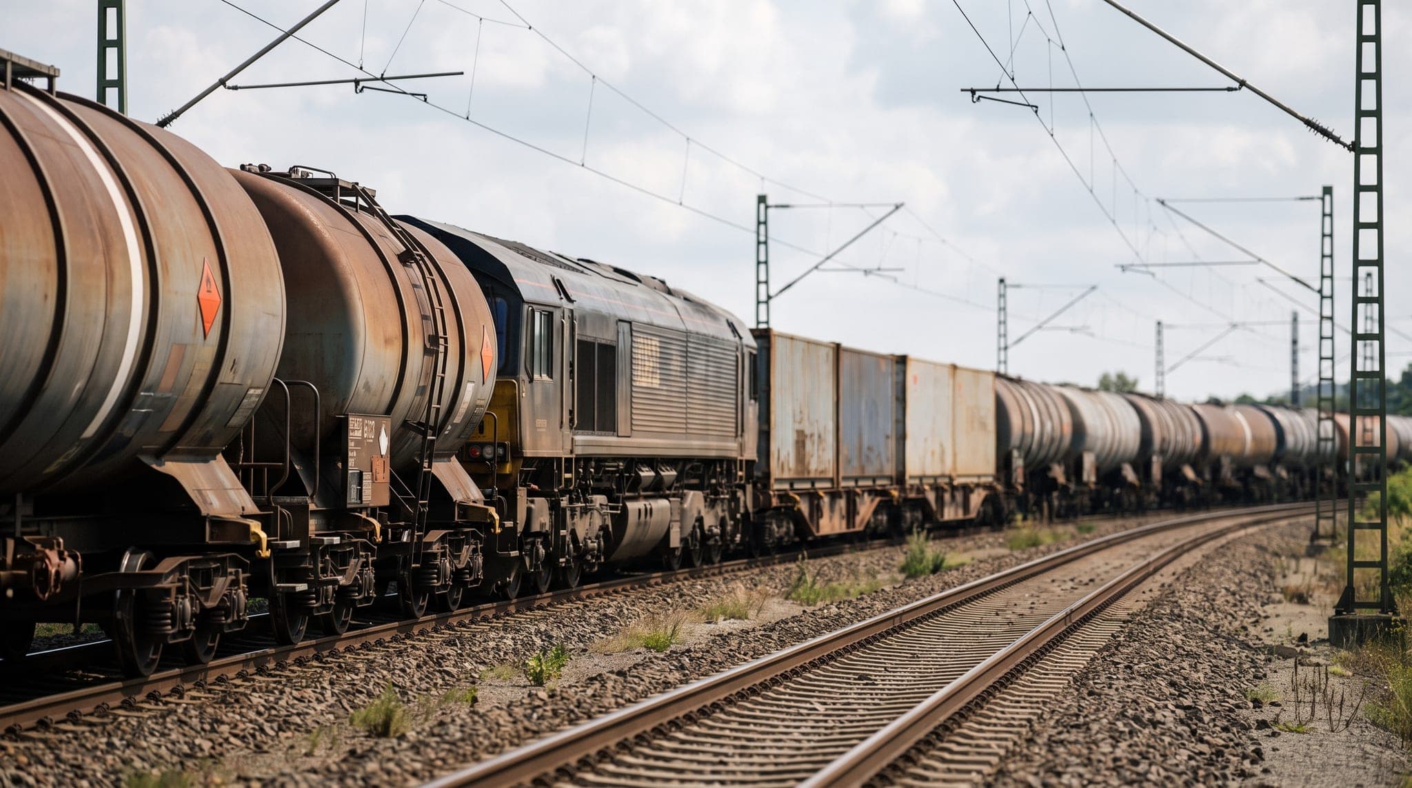 Freight train of placarded rail tank wagons on a European line at golden hour